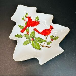 Lefton Vintage Cardinal‎ Christmas Tree Dish 6x8 In.